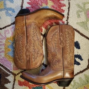 Tan brown leather women's snip toe Old West Western cowboy boots size 8